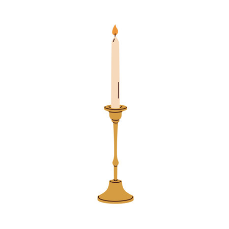 Candlestick with tall taper candle. Golden candleholder, lit wax pillar, festive light decoration in classic style. Brass chamberstick decor. Flat vector illustration isolated on white backgroundのイラスト素材