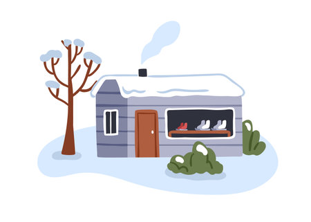 Winter house with snow covered roof and chimney. Cozy country cottage from outside in cold rural countryside. Small building outdoors. Flat vector illustration isolated on white backgroundのイラスト素材
