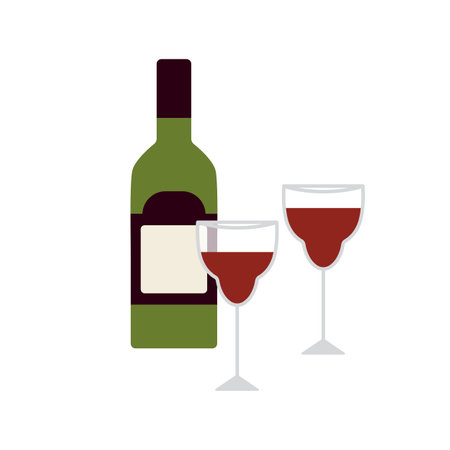 Red wine bottle, two filled glasses. Vine drink and wineglasses couple. Festive alcoholic beverage, alcohol in goblets, stemware for celebration. Flat vector illustration isolated on white backgroundのイラスト素材