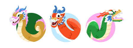 Chinese dragon avatars set. Traditional Asian lunar holiday mascot heads peeking from behind circle hole. New year myth animals from China. Flat vector illustration isolated on white backgroundのイラスト素材
