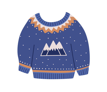 Winter sweater. Knitted pullover with mountain print. Comfortable knitwear for cold weather. Warm woolen clothing, Scandinavian wear. Flat graphic vector illustration isolated on white backgroundのイラスト素材