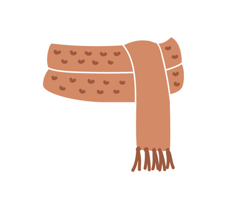 Warm knitted scarf with fringe, wrapped around. Soft comfortable woolen accessory for cold weather, winter season. Cozy knitwear , neck garment. Flat vector illustration isolated on white backgroundのイラスト素材