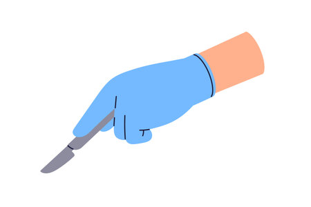 Scalpel in hand. Surgeon holding sharp sterile blade for precise surgical operation. Doctor with medical tool, operating knife for surgery. Flat vector illustration isolated on white backgroundのイラスト素材