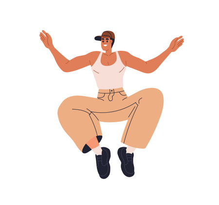 Young man jumping up high. Happy energetic male dancer leaping into air. Excited joyful character in funny active pose, positive energy, emotion. Flat vector illustration isolated on white backgroundのイラスト素材