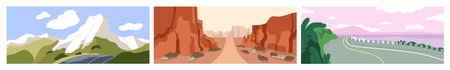 Nature landscape with empty road, set. Travel route, highway through mountains, rocks, canyon...