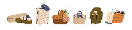 Travel baggage set. Hiking and camping backpack, wheeled luggage, trolley suitcase, picnic basket, beach bag. Different holiday packages. Flat vector illustration isolated on white backgroundのイラスト素材