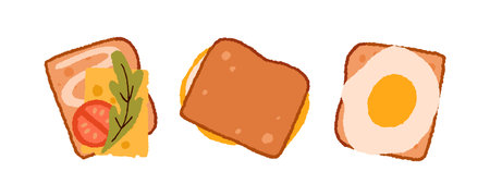 Toasts, sandwich with fried egg, arugula, fresh tomato vegetable, cheese slice, sauce. Breakfast snack, vegetarian food. Morning meal set. Flat vector illustration isolated on white backgroundのイラスト素材