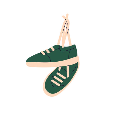 Sneakers hanging on tied laces. Sport shoes, casual sporty style footwear pair on shoelaces. Comfortable athletic foot wear. Modern trainers. Flat vector illustration isolated on white backgroundのイラスト素材