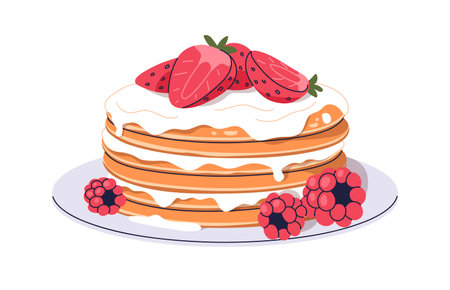 Pancakes stack with berries and cream. Pan cakes with raspberries, strawberries. Dessert served on...