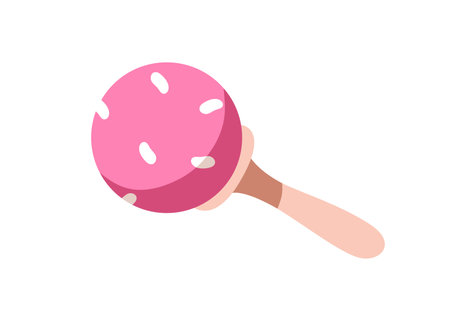 Rattle toy for babies. Round wooden accessory on stick for infants, newborn kids, children. Noise game, shaking plaything, noisy sound. Nursery flat vector illustration isolated on white backgroundのイラスト素材