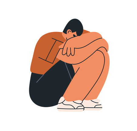 Sad upset man sitting in despair, grief and sorrow. Depressed unhappy person hiding face, hugging knees, feeling misery, emotional pain. Flat vector illustration isolated on white backgroundのイラスト素材