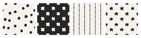 Seamless patterns set. Abstract hand-drawn textures with polka dot, lines, tiny flowers, organic...