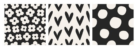 Seamless patterns with flowers, hearts, polka dots. Modern feminine prints, endless backgrounds....