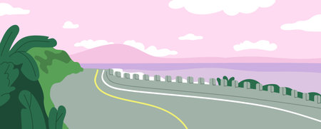Road to sky horizon with clouds, nature landscape. Seaside highway, coast, panoramic view in evening. Beautiful scenery after sunset. Waterfront way at sunrise, dawning. Flat vector illustrationのイラスト素材