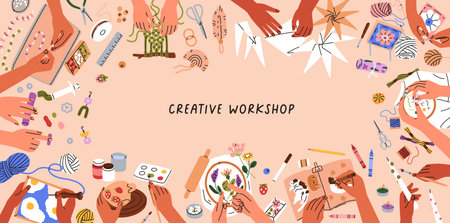 Hand crafts, banner design with creative handmade works, arts. Artisans DIY, handicrafts, handworks, background with handicraft supplies, handiwork tools for workshop. Flat vector illustrationのイラスト素材