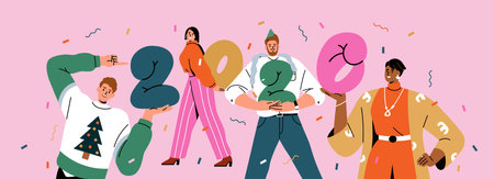 Happy people celebrating New Year 2026 with numbers in hands. Young men, women at festive holiday...