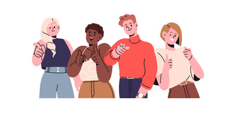 People point and choose you, best candidate. Happy corporate group, team picking, showing with finger, pointing with hand gesture, hiring. Flat vector illustration isolated on white backgroundのイラスト素材