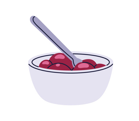 Berry marmalade in bowl with spoon. Sweet cherry jam, delicious homemade preserve. Natural dessert, jelly confiture, seasonal treat. Flat graphic vector illustration isolated on white backgroundのイラスト素材