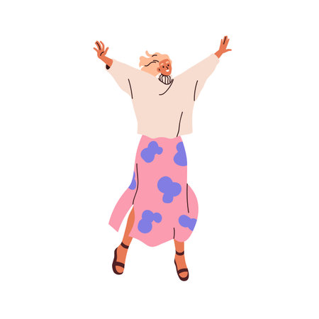 Happy woman jumping, celebrating with excited joyful emotion. Young female with arms raised, exulting with energy and fun, smiling, rejoicing. Flat vector illustration isolated on white backgroundのイラスト素材