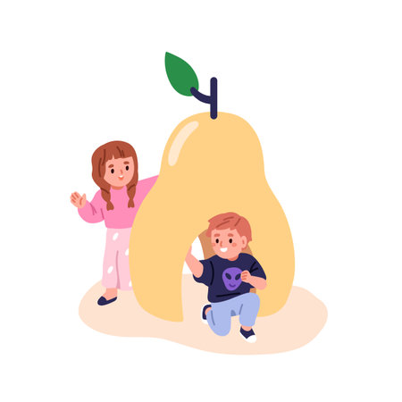 Children playing hide and seek at playground. Happy toddler, boy and girl at pear-shaped shelter. Kids fun, outdoor amusement, entertainment. Flat vector illustration isolated on white backgroundのイラスト素材