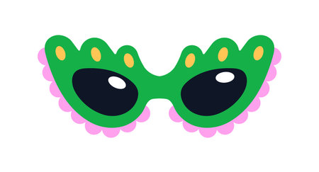 Quirky sunglasses. Playful funny style eyewear mask with whimsical festive design for parties, carnivals. Unique creative sun glasses accessory. Flat vector illustration isolated on white backgroundのイラスト素材