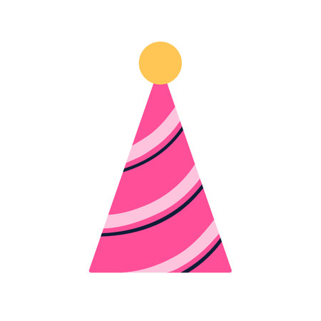 Birthday party hat. Festive cone-shaped paper cap with stripes, for celebration. Traditional headwear for bday holiday. Funny head accessory. Flat vector illustration isolated on white backgroundのイラスト素材