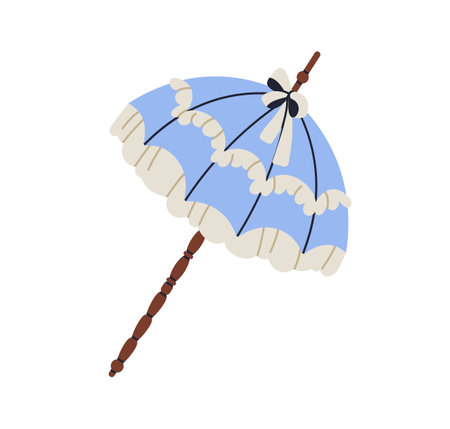 Victorian parasol. Elegant vintage umbrella. Retro style sunshade accessory with lace, frills, wooden handle, 19th century aristocratic fashion. Flat vector illustration isolated on white backgroundのイラスト素材