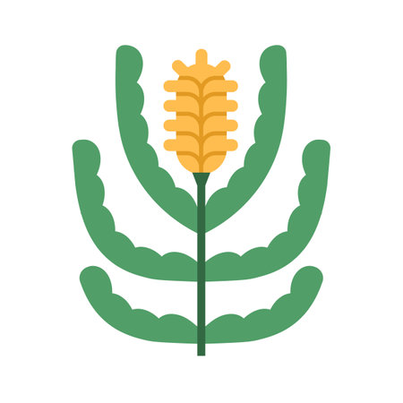 Flower branch with leaves. Floral plant, wildflower spike. Bloom with leaf. Blossom, symmetrical geometric summer stem. Botanical flat graphic vector illustration isolated on white backgroundのイラスト素材