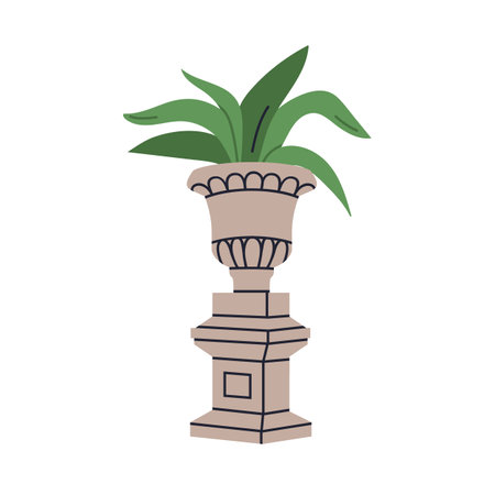Stone planter with green leaf plant. Greenery in classic ornate vase, antique ancient pedestal. Decorative garden leaves in vintage old pot. Flat vector illustration isolated on white backgroundのイラスト素材