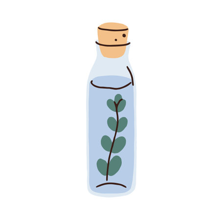 Water in glass bottle with cork. Infused drink with fresh leaf, herb, cold flavored beverage. Detox refreshment, healthy natural hydration. Flat vector illustration isolated on white backgroundのイラスト素材