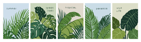 Tropical leaf poster. Exotic leaves, nature card designs. Green foliage, organic jungle and rainforest plants, botanical banner, vertical leafy backgrounds set. Flat graphic vector illustrationのイラスト素材