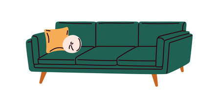 Sofa, interior couch with cushions. Comfortable cozy living room furniture in modern retro style, upholstered and decorated with pillows. Flat vector illustration isolated on white backgroundのイラスト素材