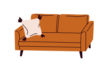Couch with cushion. Comfortable cozy upholstered seat for modern living room interior. Sofa with pillow decoration. Scandinavian furniture. Flat vector illustration isolated on white backgroundのイラスト素材