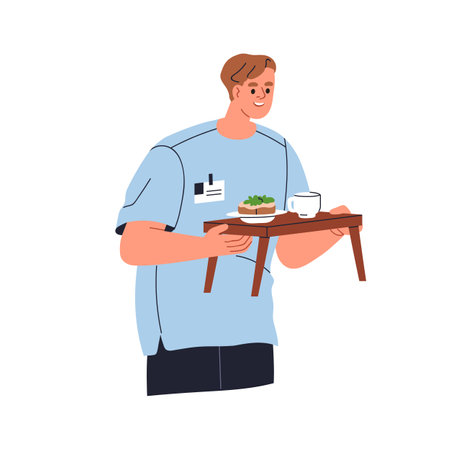 Man holding food tray. Caregiver, hospital nurse bringing dishes. Meal service concept. Carer, sitter, social worker carrying, serving snack. Flat vector illustration isolated on white backgroundのイラスト素材