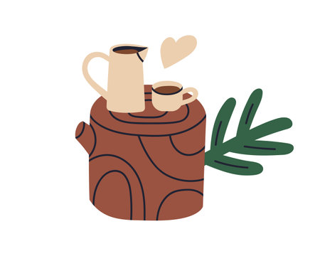 Coffee cup and pitcher on tree stump outdoors. Camping tea in nature. Hot drink, warm beverage for calm morning in forest, relaxation and peace. Flat vector illustration isolated on white backgroundのイラスト素材