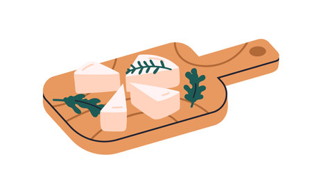 Cheese and herbs on wooden cutting board. Dairy food product, snack served with green leaf. Natural creamy soft pieces, slices on plate. Flat vector illustration isolated on white backgroundのイラスト素材