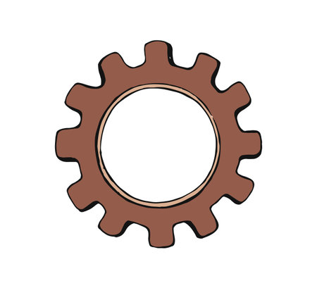 Cogwheel, vintage retro style tool. Cog wheel, steampunk component. Old industrial gear with teeth. Metal mechanism, engineering element. Drawn vector illustration isolated on white backgroundのイラスト素材