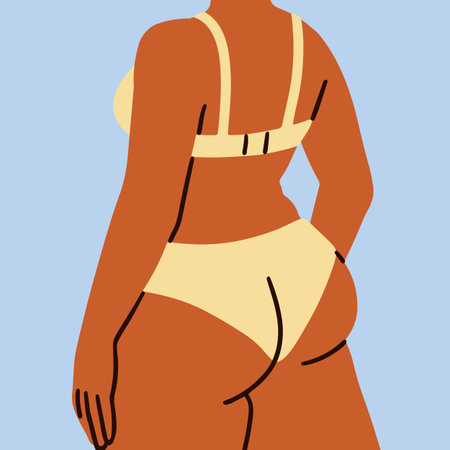 Woman in bikini, back view. Female with feminine curvy plus-size body, buttocks. Beautiful sexy...