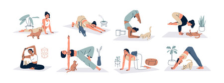 Yoga exercise with cat, set. Woman stretching in workout poses on mat with cute feline pet. Female training with funny kitty, home animal. Flat vector illustration isolated on white backgroundのイラスト素材