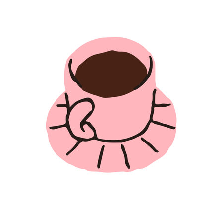 Coffee cup on saucer. Morning beverage, served americano. Breakfast drink. Coffe break, tea time. Teacup, drinkware icon. Flat graphic vector illustration isolated on white backgroundのイラスト素材