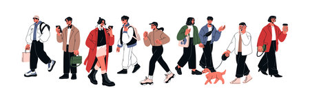 People walking on street. Urban characters with coffee, phone, dog, everyday activities, jogging,...