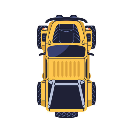 SUV car, top view. Rugged all-terrain 4x4 vehicle with spare tire. Offroad utility transport. Large off-road auto from above, overhead. Flat graphic vector illustration isolated on white backgroundのイラスト素材