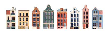 English houses set. British UK buildings with old historic facades, exteriors, windows, porches....