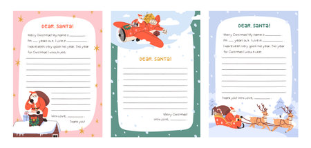 Christmas letter templates set. Blank paper with winter holiday frame, card design for kids wish list to Santa Claus. Festive stationery post, wishlist for New Year. Childish flat vector illustration.のイラスト素材