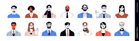 Business people avatars set. Professional male and female portraits. Office workers, entrepreneurs, employees in suits, glasses, user profiles. Flat vector illustration isolated on white background.のイラスト素材