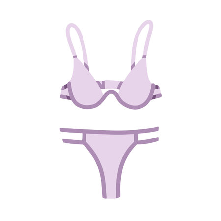 Female lingerie, bra and panties. Women underwear, brassiere and pants. Modern feminine underclothes accessories with straps. Sexy bikini. Flat vector illustration isolated on white background.のイラスト素材