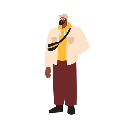 Man standing in modern style outfit. Young African-American male wearing hoodie, cap and glasses, street fashion, trendy urban clothing. Flat vector illustration isolated on white backgroundのイラスト素材