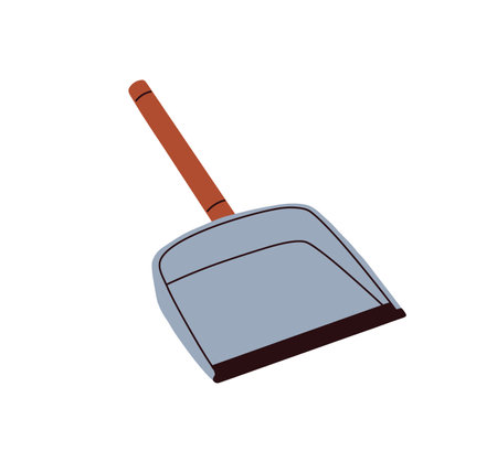 Dustpan for cleaning. Dust pan, manual home tool with handle and scoop, metal shovel for dirt, litter sweeping. Household cleanup accessory icon. Flat vector illustration isolated on white backgroundのイラスト素材