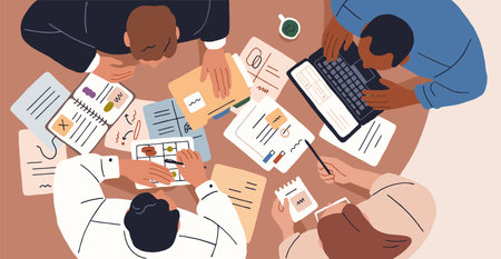 Business team meeting at desk, table, top view. Office workers during work planning, agenda and project discussion, analysis with paper notes and laptop from above, overhead. Flat vector illustrationのイラスト素材