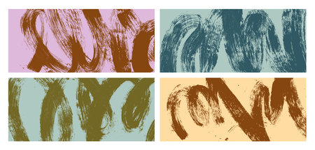 Paint brush strokes, banners set. Grungy abstract textures, background designs with dynamic brushstrokes, freehand paintbrush swirl, thick wavy grunge lines, graffiti effect. Flat vector illustrationsのイラスト素材